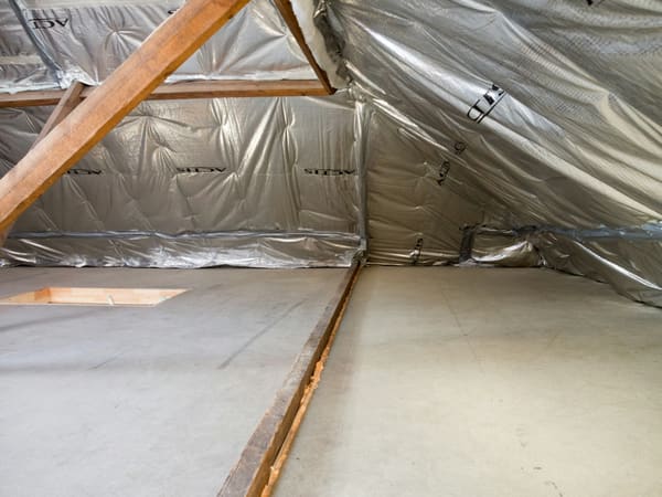 A roof space lined with reflective foil sarking under the roof, with no bulk insulation laid over the ceiling.