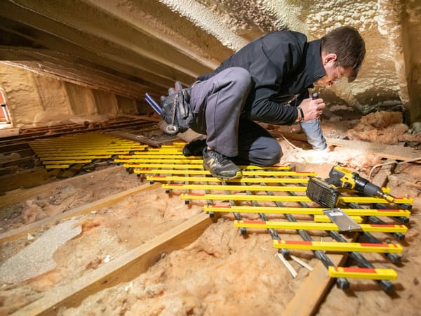 An installer working on hands and knees in a roof space, with bulk insulation visible between the joists.